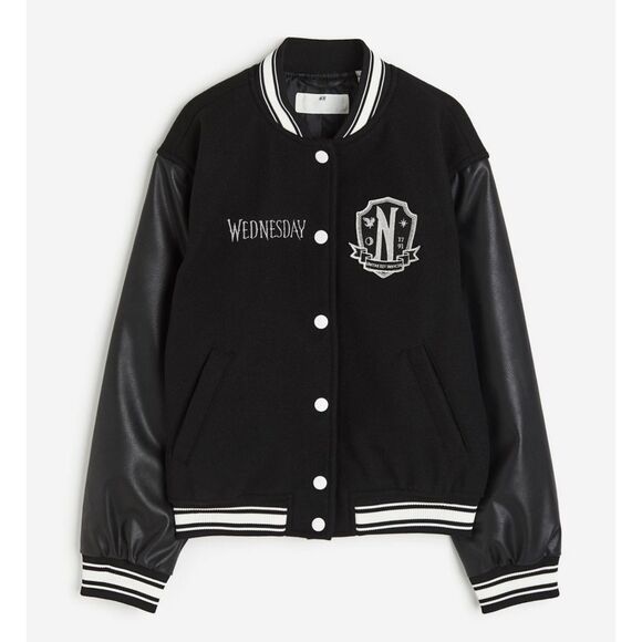 H&M Girls Wednesday Addams Baseball Letterman Varsity Jacket Size 18 NEW w/ Tags - Picture 1 of 3